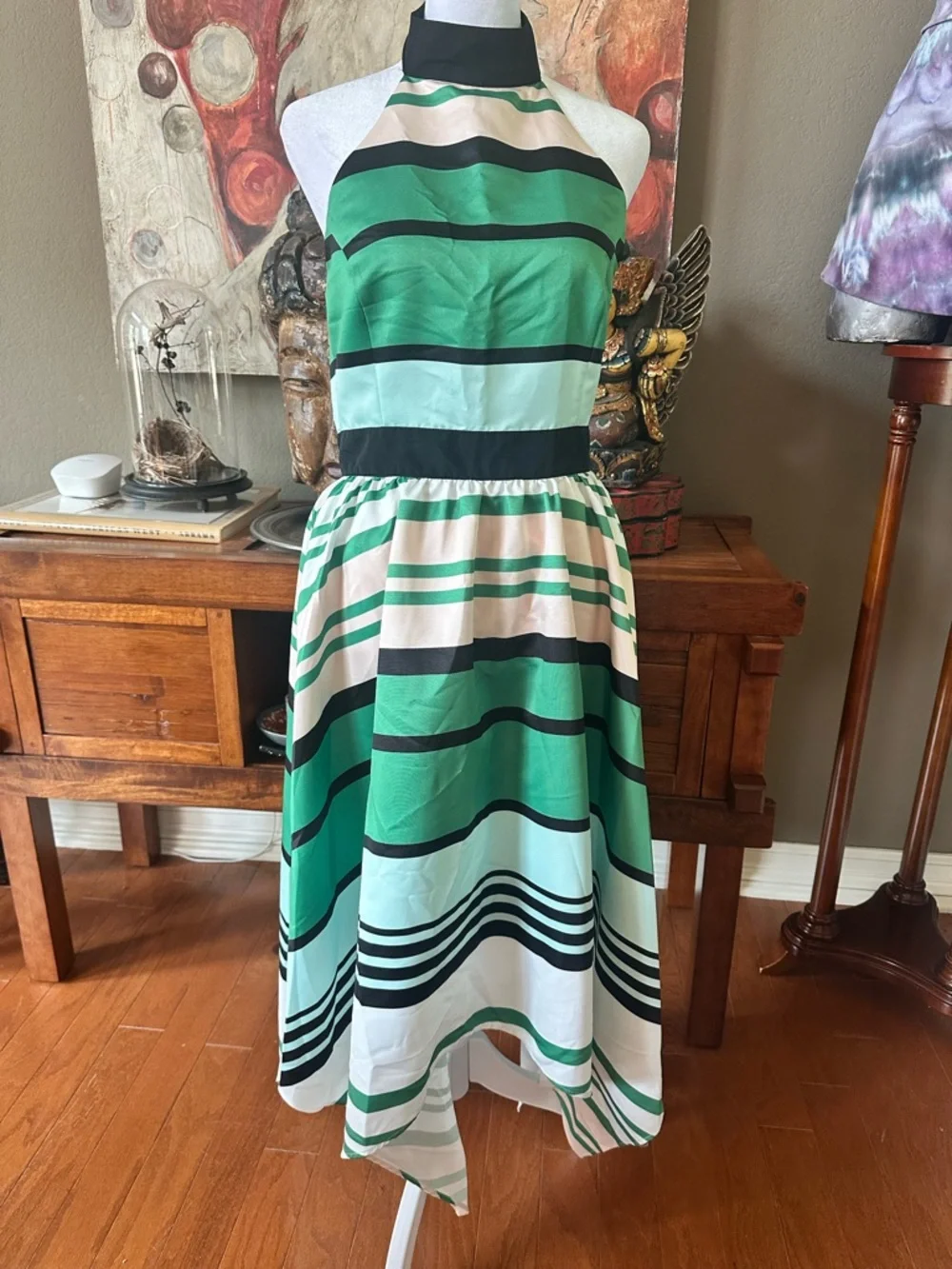 Troubadour Green Stripe Asymmetrical Halter Dress NWT
